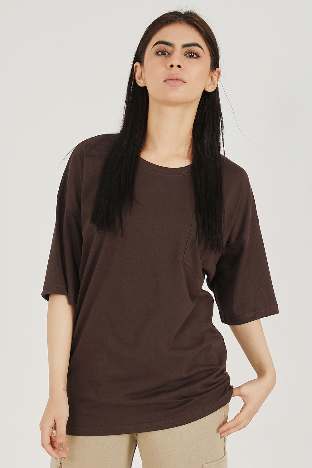 Brown Pocket Oversized Tee - W