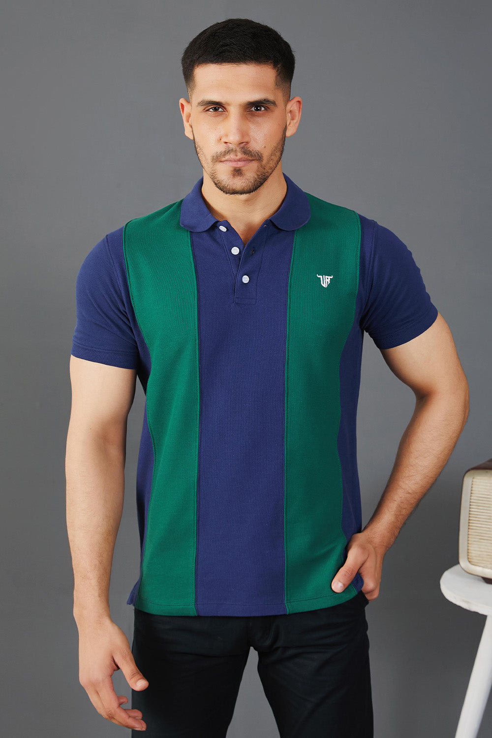 Navy Green Vertical Striped Polo