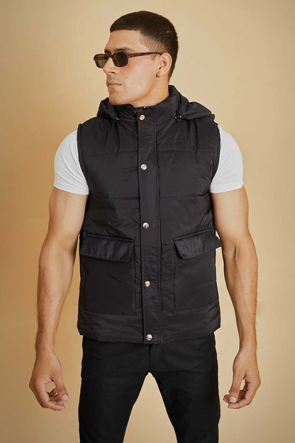 Black Sleeveless Puffer Jacket with Removable Hood