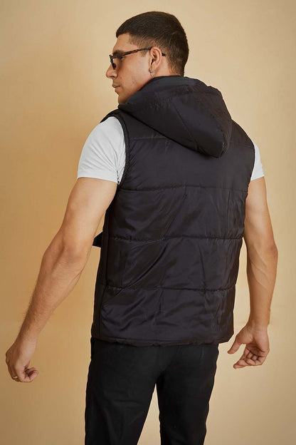 Black Sleeveless Puffer Jacket with Removable Hood