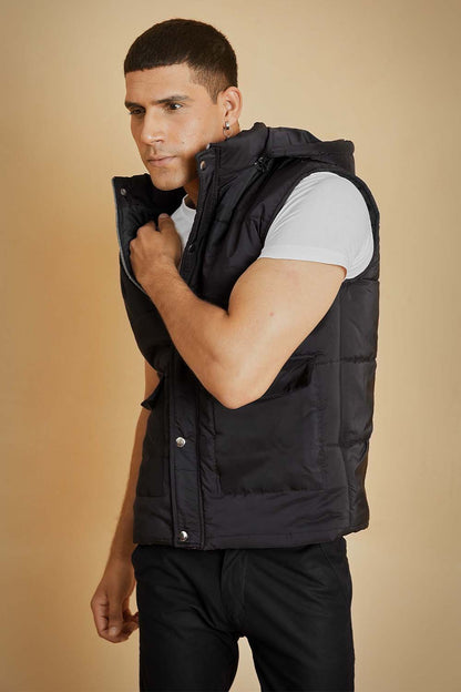 Black Sleeveless Puffer Jacket with Removable Hood
