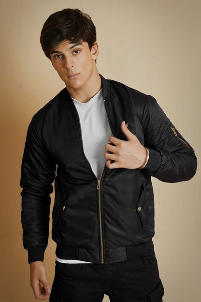 Black Bomber Jacket with Flap Pockets