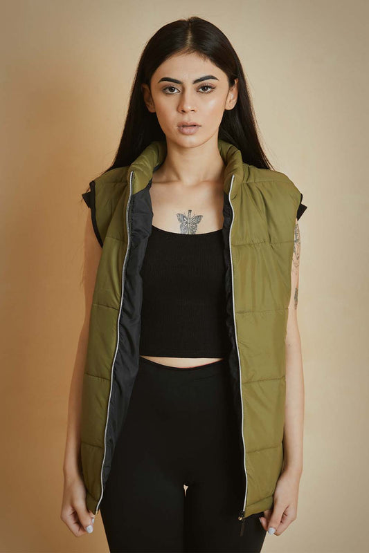 Olive Mock Sleeveless Puffer Jacket - W