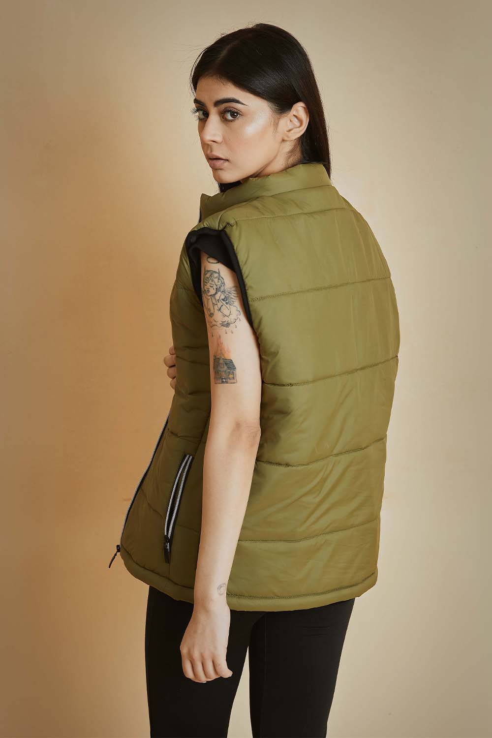 Olive Mock Sleeveless Puffer Jacket - W