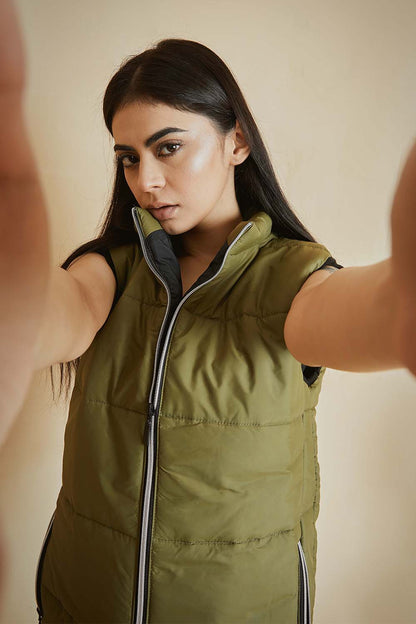 Olive Mock Sleeveless Puffer Jacket - W