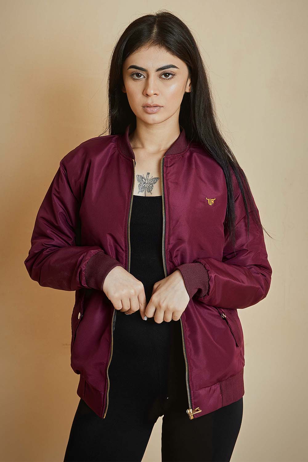 Maroon Bomber Jacket with Flap Pockets - W