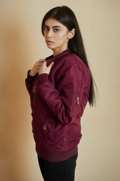 Maroon Bomber Jacket with Flap Pockets - W