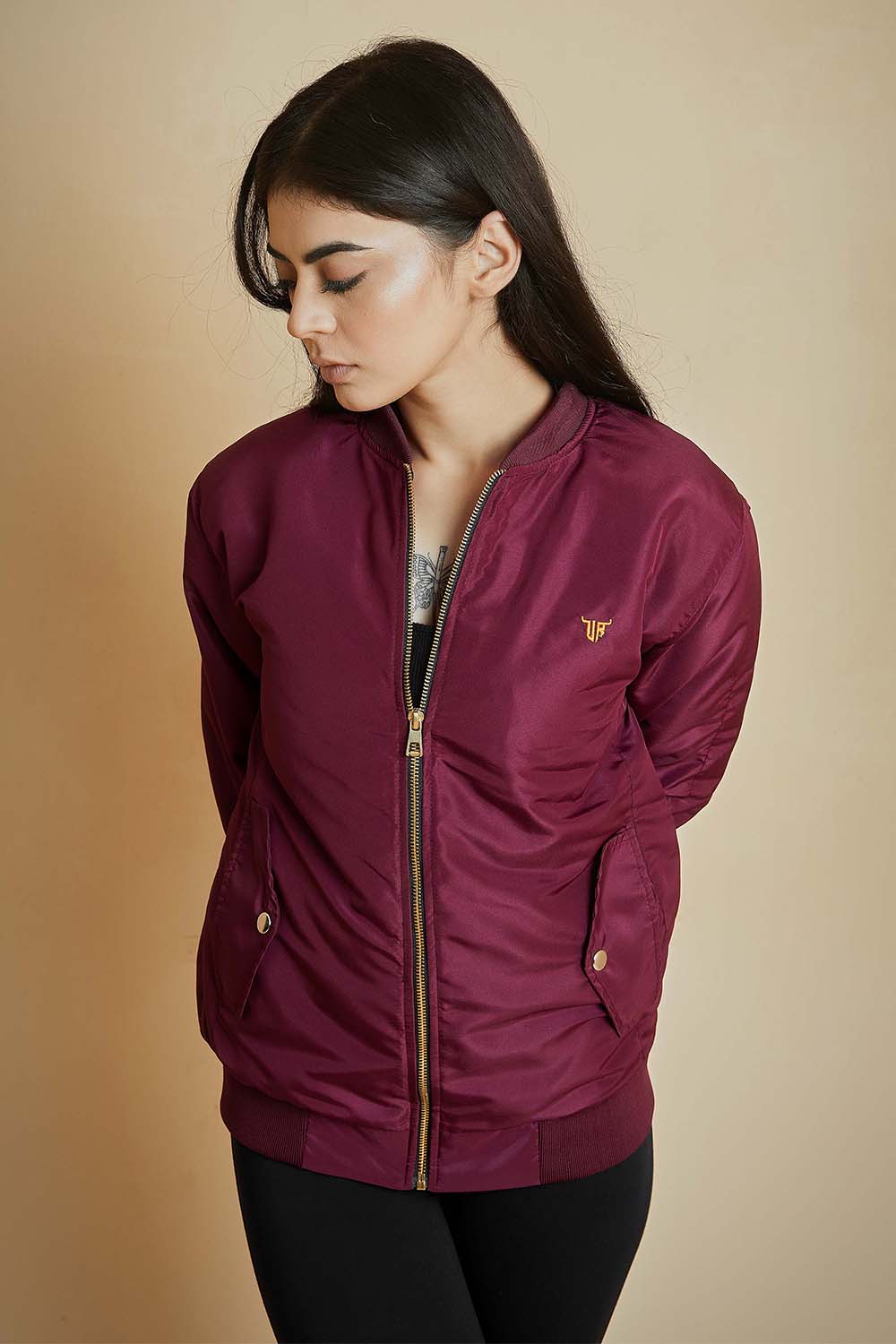 Maroon Bomber Jacket with Flap Pockets - W