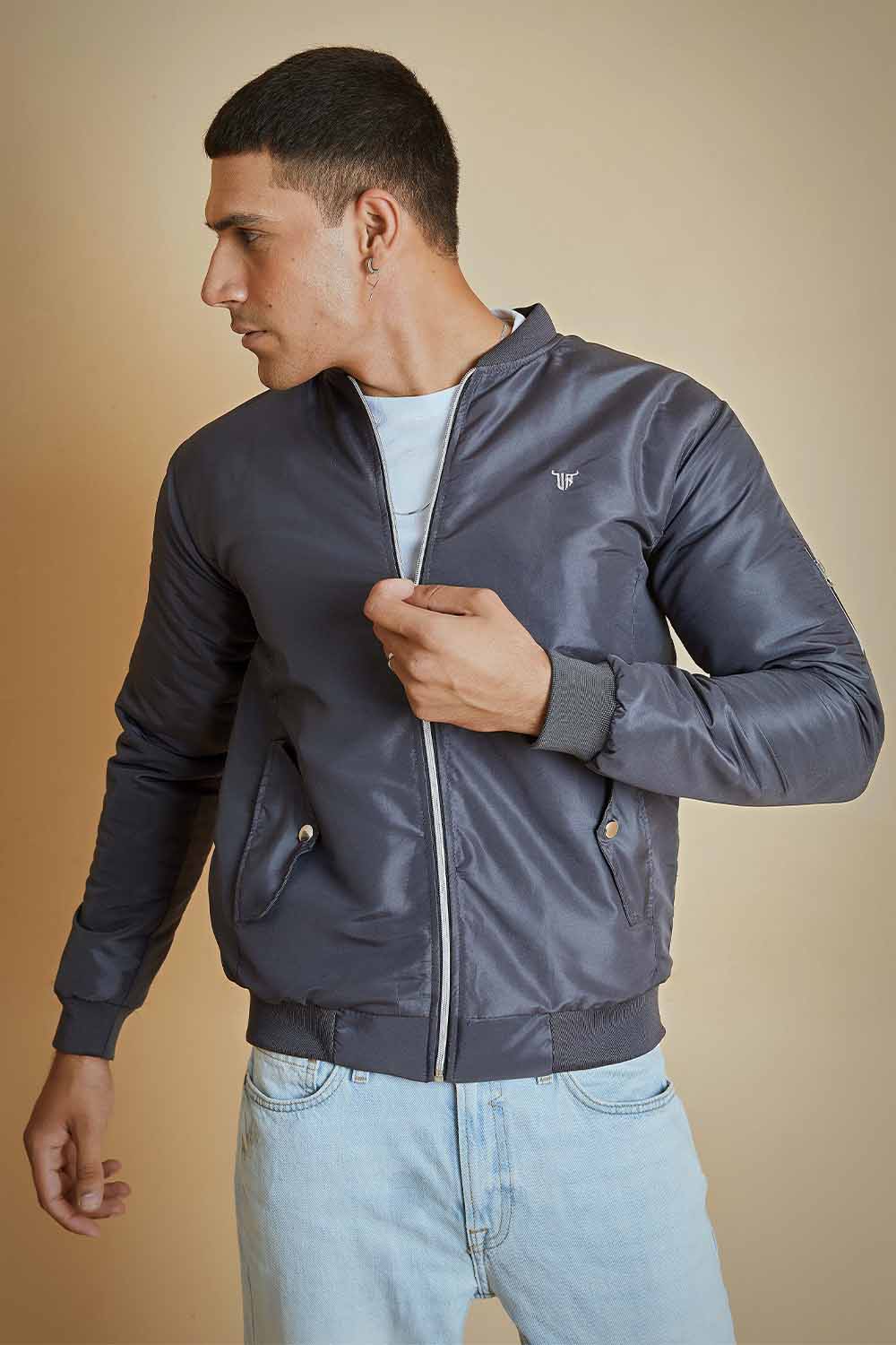Charcoal Bomber Jacket with Flap Pockets