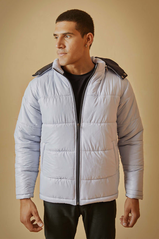 Greyish White Puffer Jacket with Removable Hood