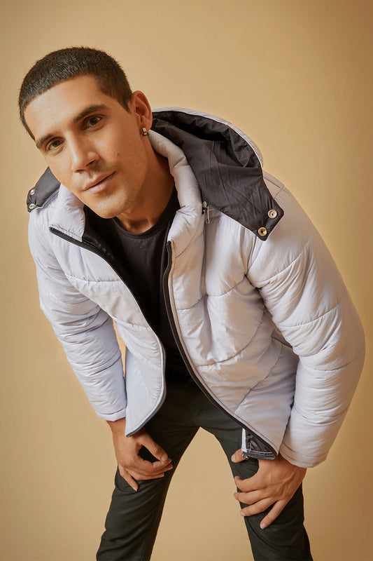 Greyish White Puffer Jacket with Removable Hood
