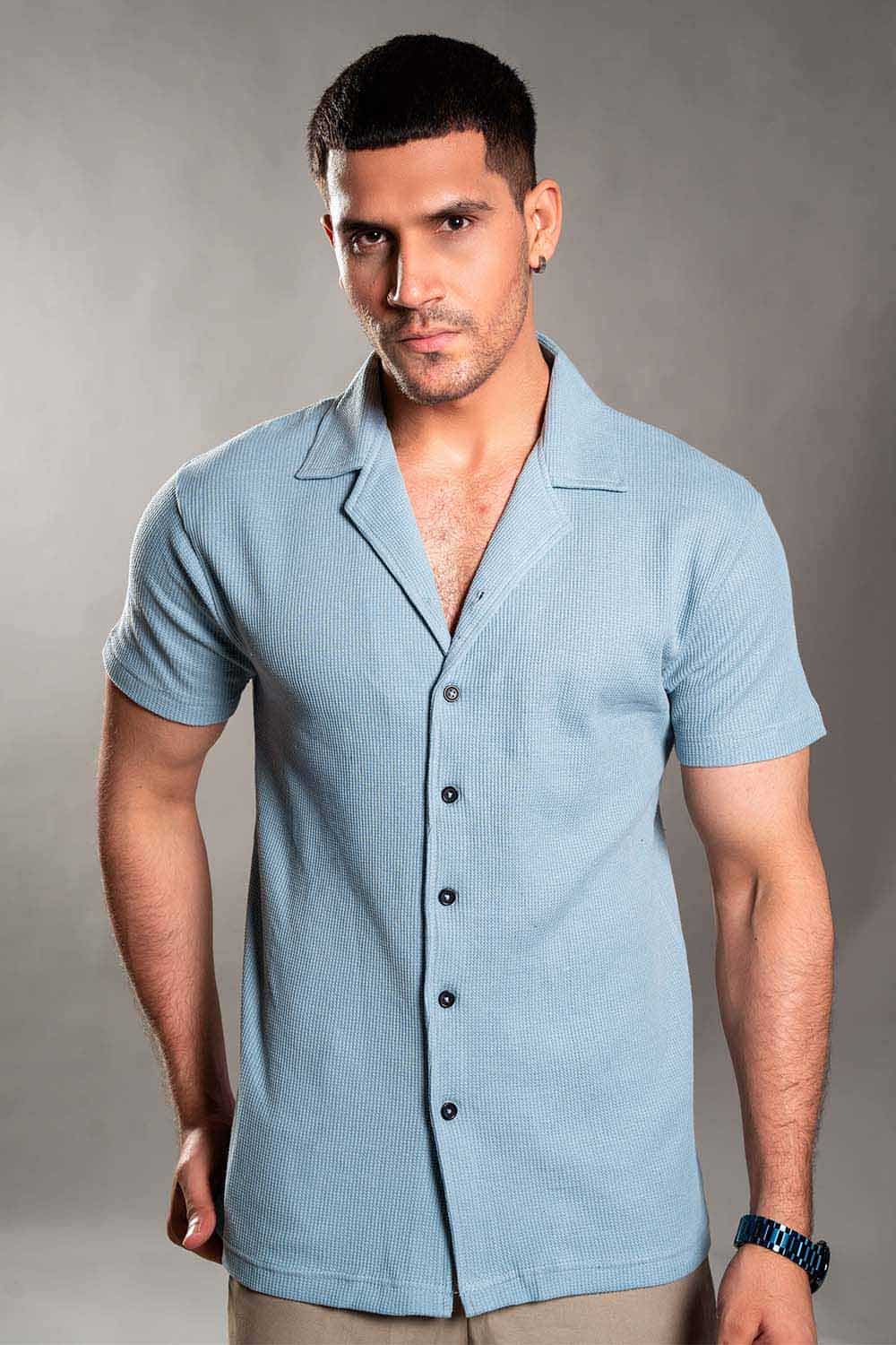 Sky Blue Knitted Button Up Shirt
