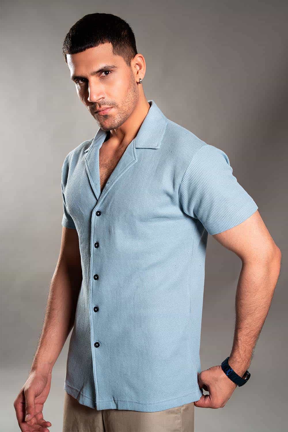 Sky Blue Knitted Button Up Shirt