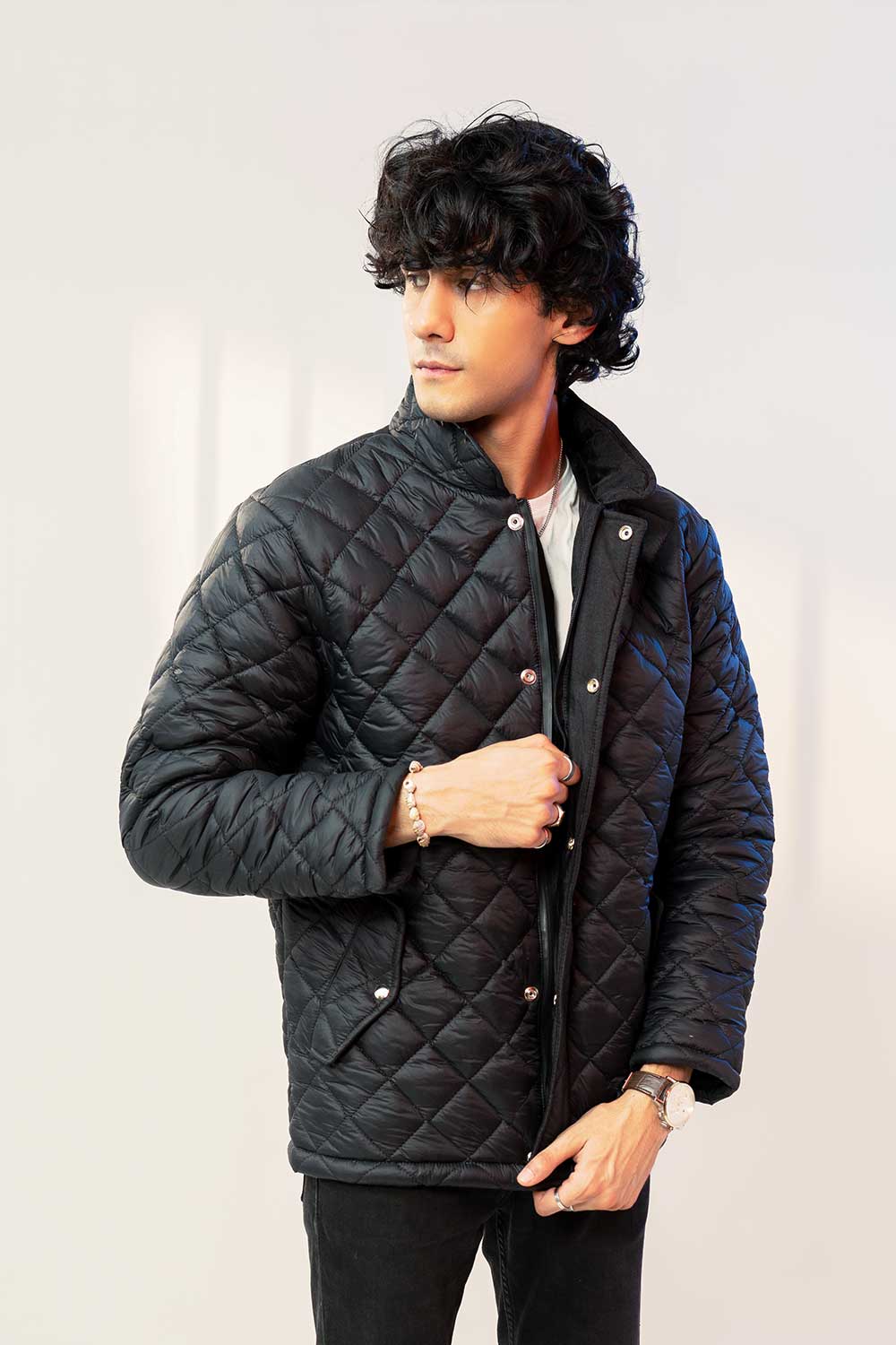 Premium Black Quilted Jacket (Buttoned) For Men in Pakistan