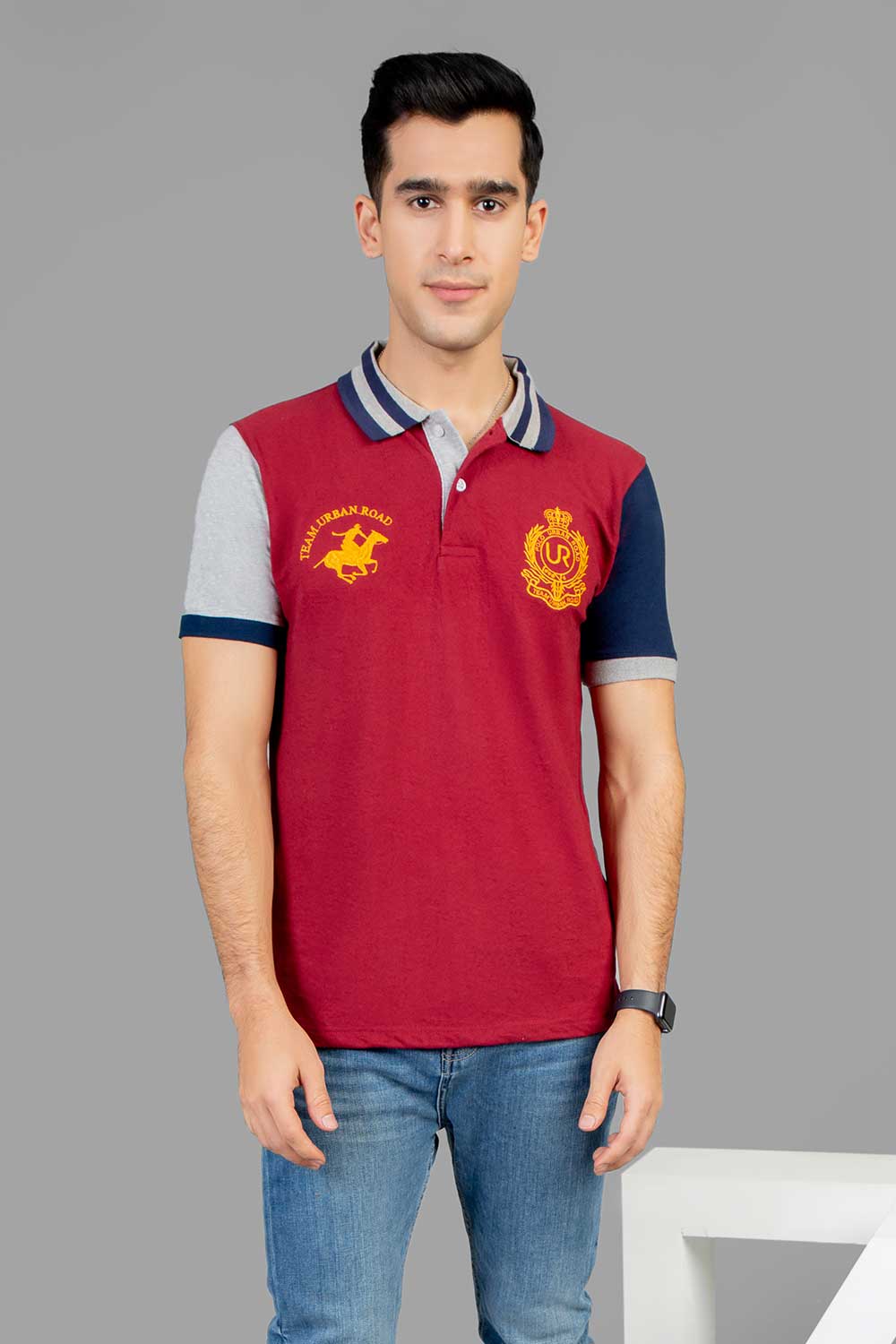 Maroon Polo with Grey Navy Sleeves