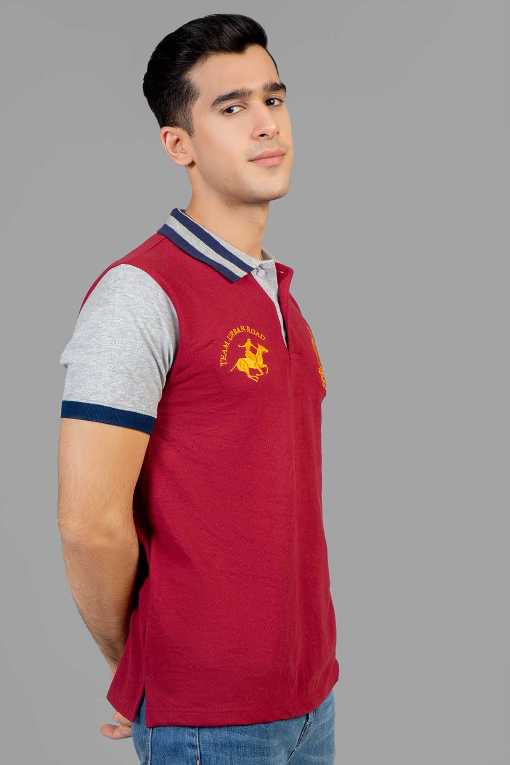 Maroon Polo with Grey Navy Sleeves