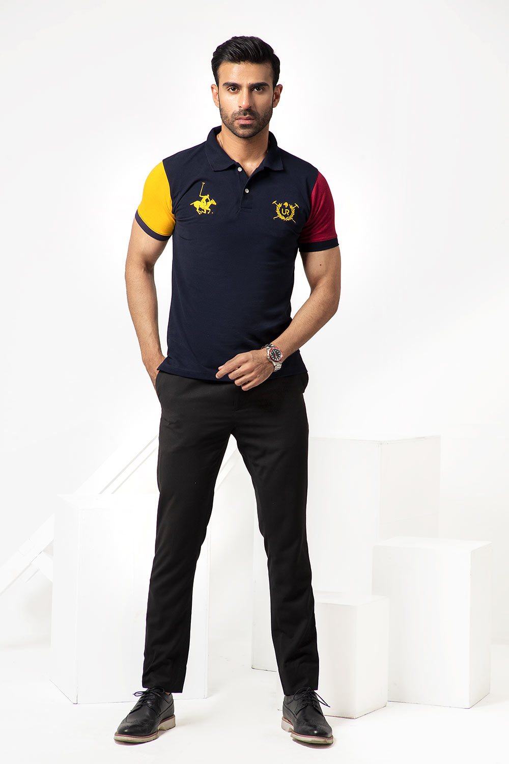 Premium Navy Blue Polo with Maroon Yellow Panels For Men in Pakistan | UrbanRoad.pk
