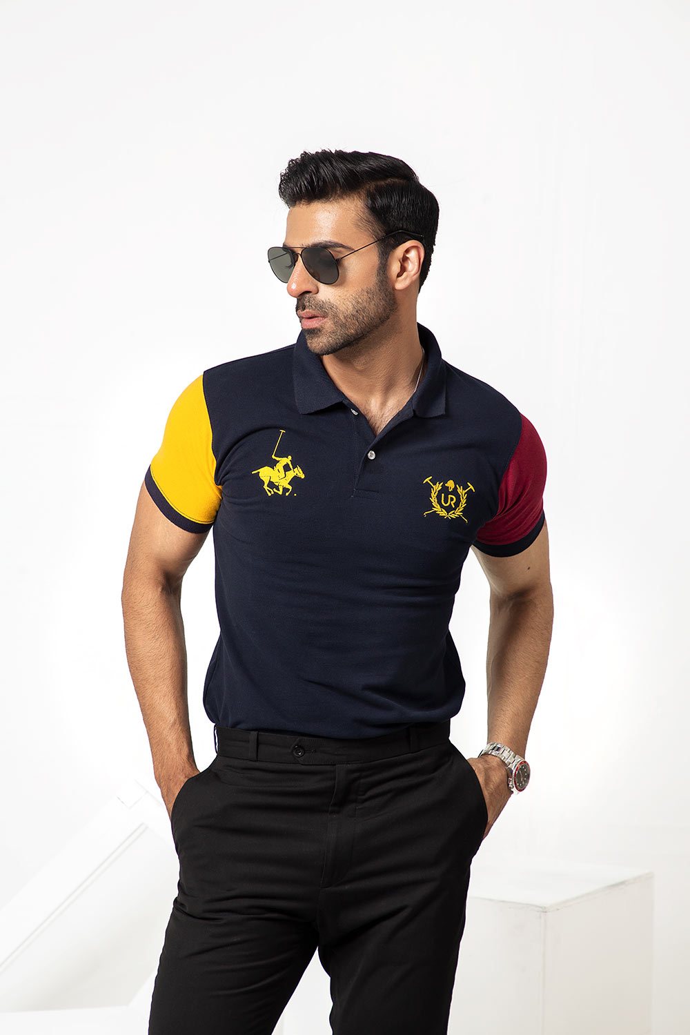 Premium Navy Blue Polo with Maroon Yellow Panels For Men in Pakistan | UrbanRoad.pk