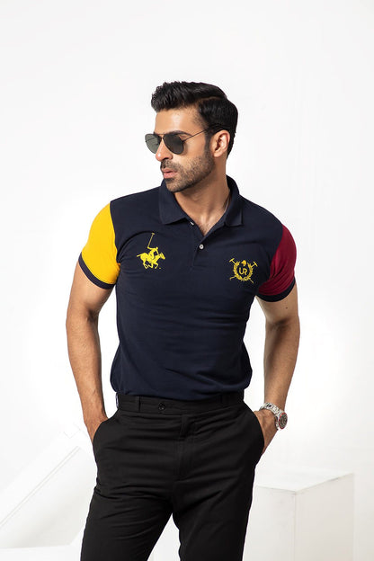 Premium Navy Blue Polo with Maroon Yellow Panels For Men in Pakistan | UrbanRoad.pk