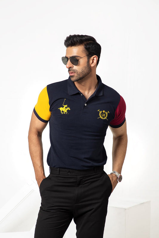 Premium Navy Blue Polo with Maroon Yellow Panels For Men in Pakistan | UrbanRoad.pk