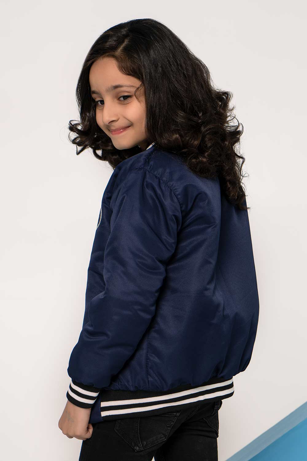 Premium Navy Blue Tipped Bomber Jacket - Girls in Pakistan | UrbanRoad.pk