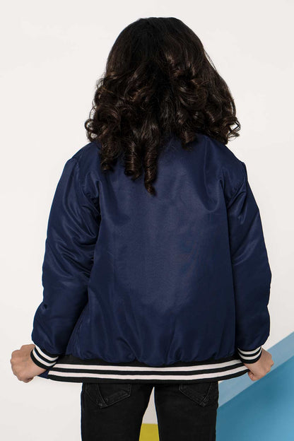 Premium Navy Blue Tipped Bomber Jacket - Girls in Pakistan | UrbanRoad.pk