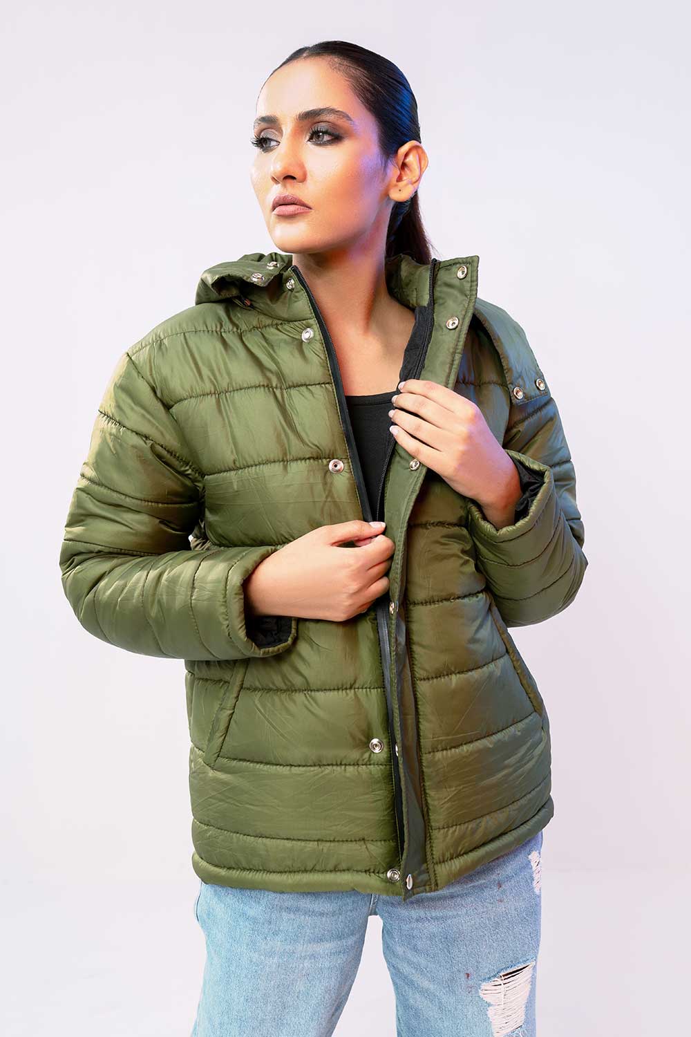 Premium Olive Puffer Jacket with Removable Hood - W For Women in Pakistan